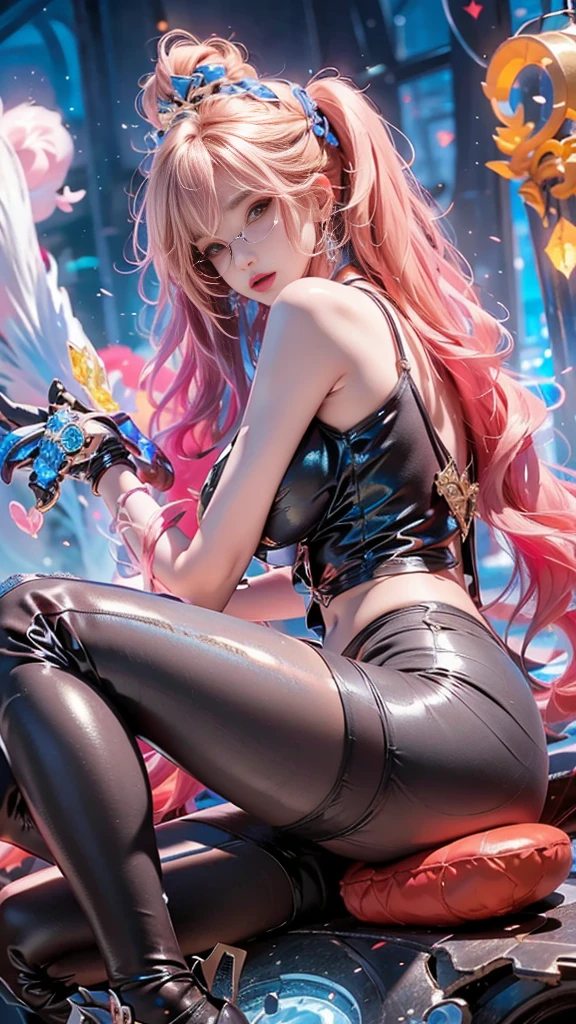  girl with pink hair and black dress sitting on a table, seductive girl, cushart krenz key art feminine, detailed key  art, beautiful alluring  woman, 8k high quality detailed art, extremely detailed artgerm, detailed digital  art, detailed artwork, best 4k konachan wallpaper, style artgerm