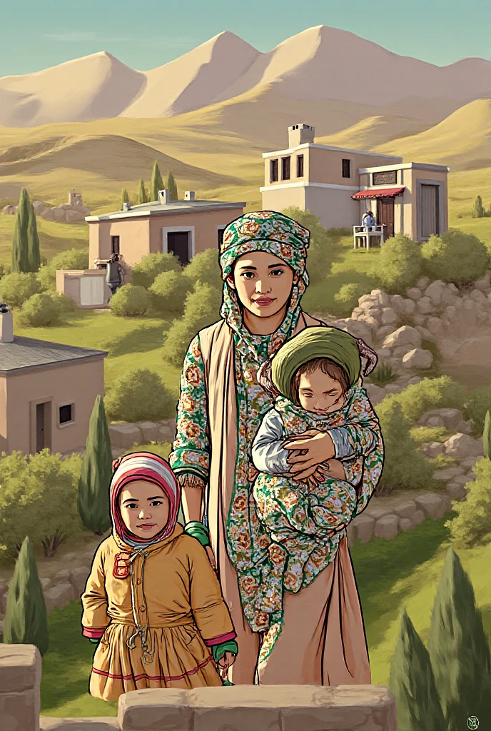 A beautiful gentle and caring Palestine Mother donning hijab teaching her children of the coming of the true Messiah, insanely detailed and intricate background City ruin scene with some other characters and objects, a masterpiece cinematic photo realistic illustration of Color Comic Maestro Don Lawrence, super detailed, high resolution, full vibrant color, volumetric lighting, octane render, octane lighting