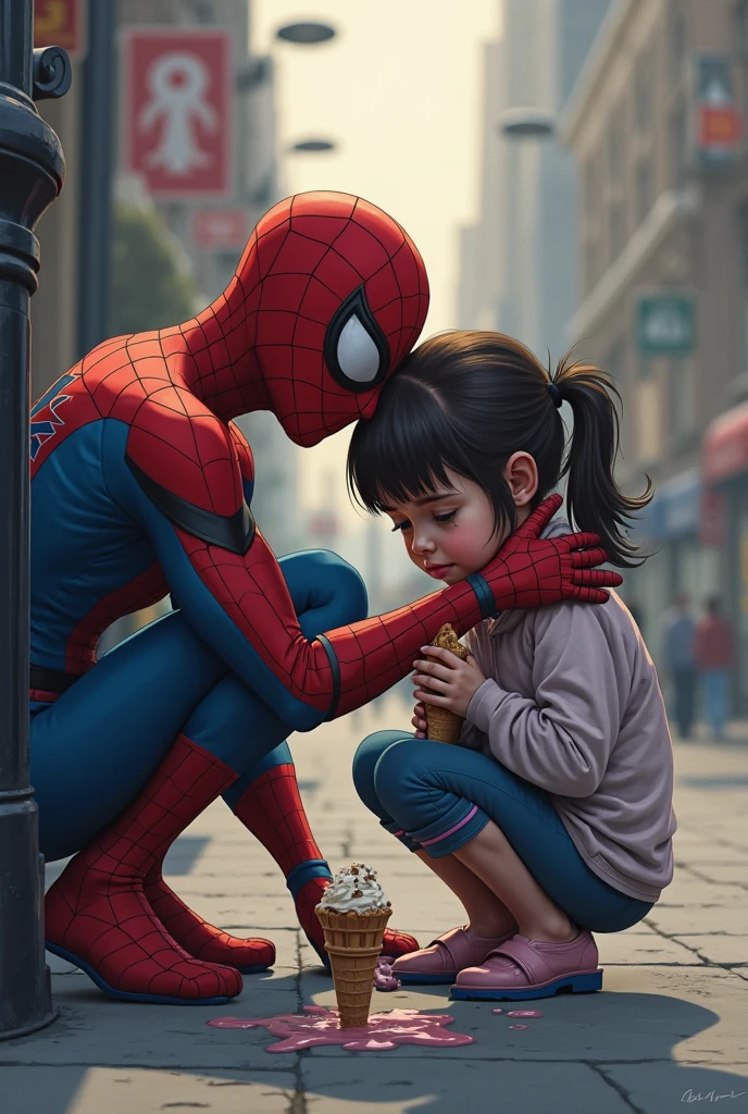 Spider-Man sits back and braids a little girl's hair