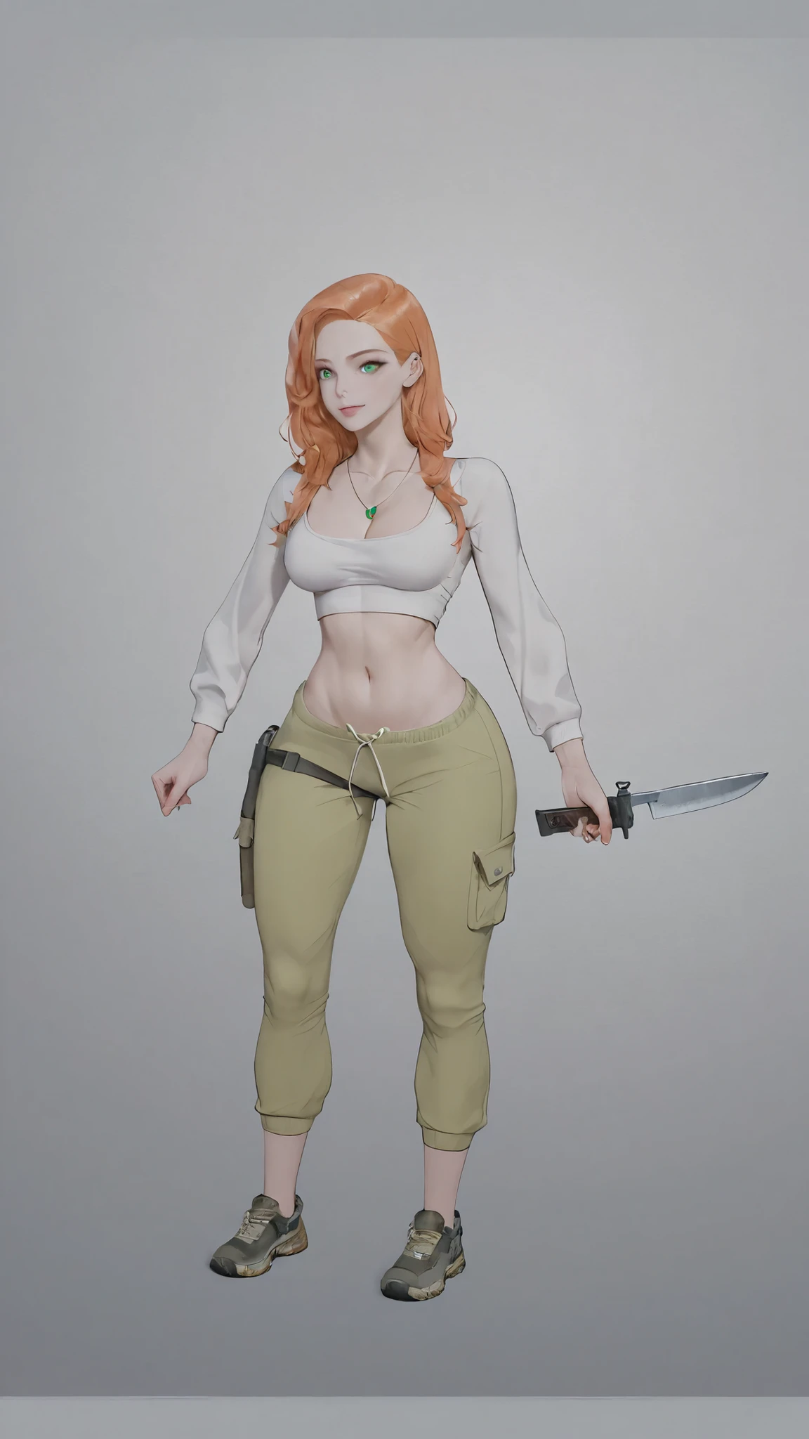 Creating the image of a 23-year-old white woman with an almost fitness body with light orange hair and emerald eyes is wearing a necklace with a small emerald-colored pendant she is wearing a cropped fit tight to the body with a long sleeve and belly the white show is wearing tight beige sweatpants with hair the show is holding a combat knife is with a support to do it tied to the thigh is wearing dark gray hiking shoes
