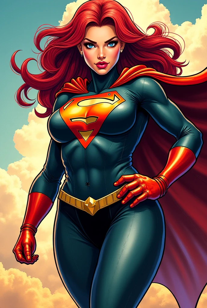 A MUSCULAR FEMALE, WITH LONG RED HAIR, GREEN EYES, WITH A SEXY BODY, WEARING A CLASSIC SUPERMAN COSTUME AND RED CAPE. ABSURD 8K RESOLUTION, INCREDIBLY DETAILED SKIN AND EYES