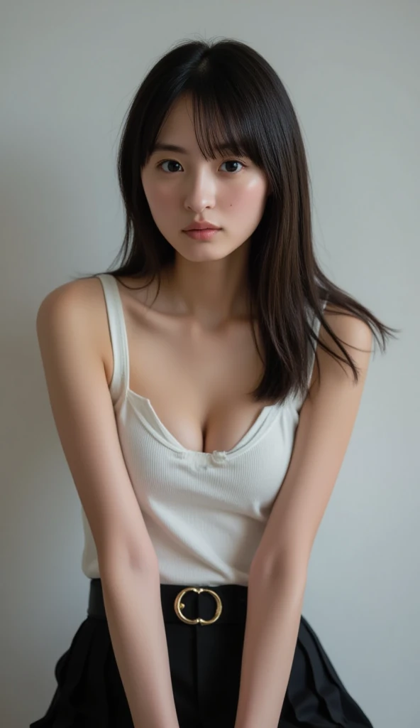 table top, highest quality, 16k, 1 girl, 16, big breasts, Raw photo, professional photography, portrait, soft light, professional lighting, alone, 笑face, close,  face, close, cute, girly, goddess, delicate girl, pure beauty, Digital single-lens reflex camera, avert your eyes, Frank, Sophisticated, film grain, (目とfaceの詳細:1.0), long hair swaying in the wind, bangs, (White tight tank top that clings to the breasts)、(Pale lavender pleated skirt)、(big breasts:1.5)、cute hanging eyes、late night office、I&#39;m sitting in a chair in front of my computer
