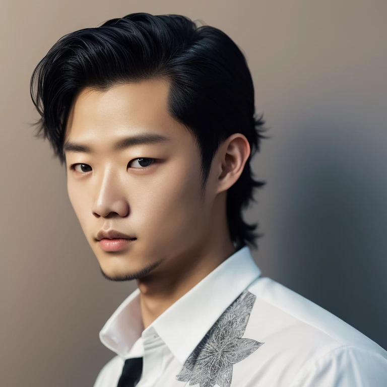 A handsome Asian guy with beautiful black long hair with a man-bun is a button-up collared black shirt, black earring studs, black pants, looking at camera, sitting on a bench in front of a Japanese temple