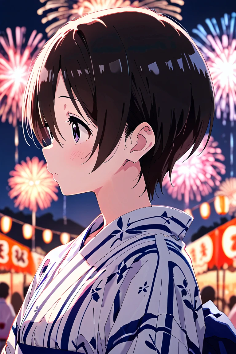 <lora:takamichi-style:1.0>,takamichi style,1girl,yukata,firework background,looking at viewer,eating extra large cotton candy
