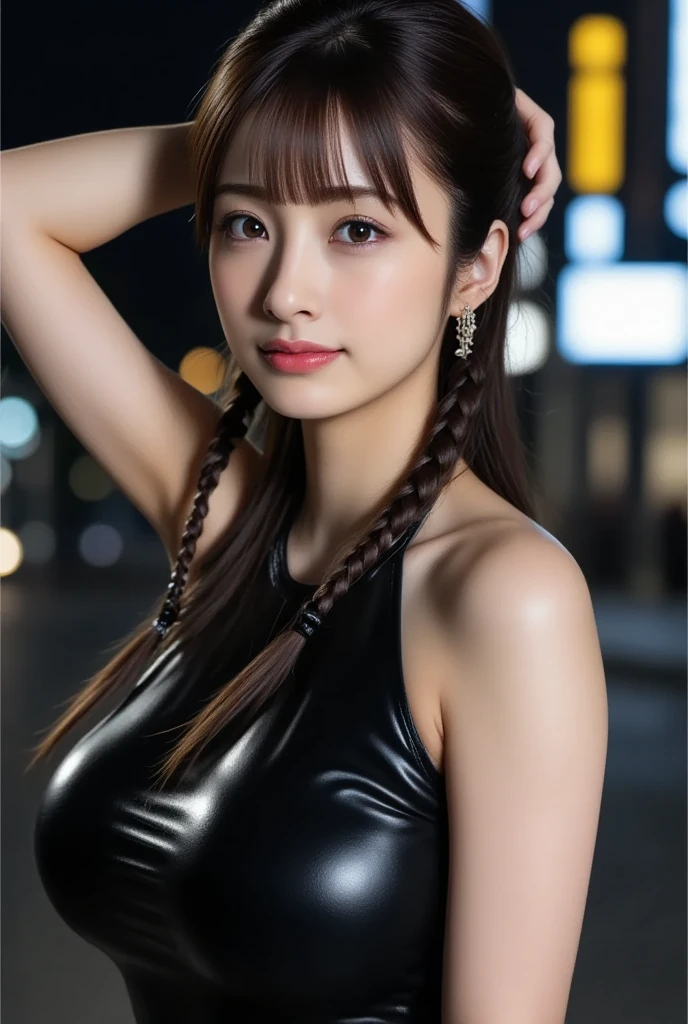 a woman posing on the street corner with purple dress on, best quality, high res, 8k, 1girl, (), day, bright, outdoor, (street:0.8), (people, crowds:1), (lace-trimmed dress:1.5, purple clothes:1.5, purple high-neck dress:1.5, sleeveless dress, purple cloths 1.5), gorgeous, (bangs, braided hair:1.5), beautiful detailed sky, beautiful earrings, (dynamic pose:0.8), (upper body:1.2), soft lighting, wind, shiny skin, looking at viewer, <lora:JAV_Aki_S_v1.0:0.7>