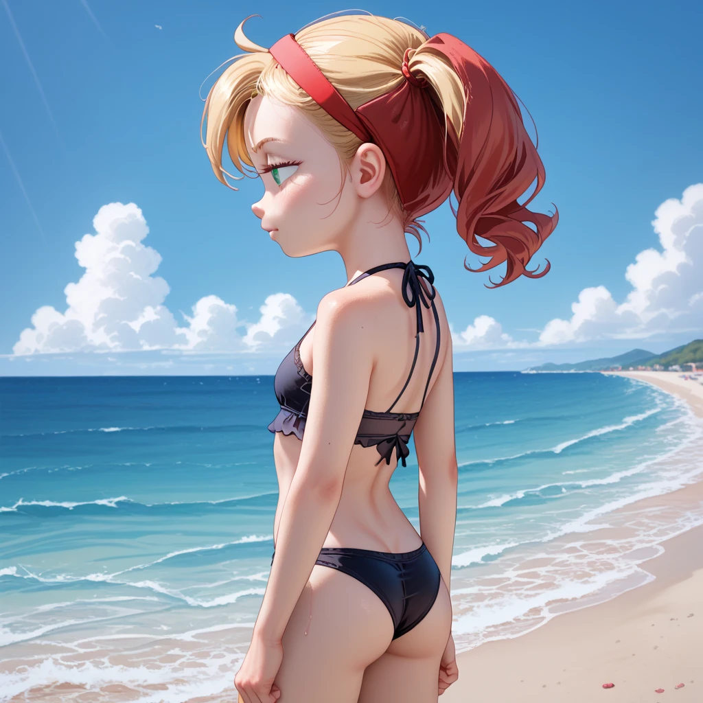 (masterpiece, best quality, highres, absurdres, ultra-detailed:1.2), 1girl, blonde twisted ponytail, necklace, red crop jacket, (standing on a beach, looking away, beach sand, arms crossed behind back, from behind, ocean, clear water, blue sky, clouds)
<lora:kidChronoCross_v2:0.9>kid (chrono cross)