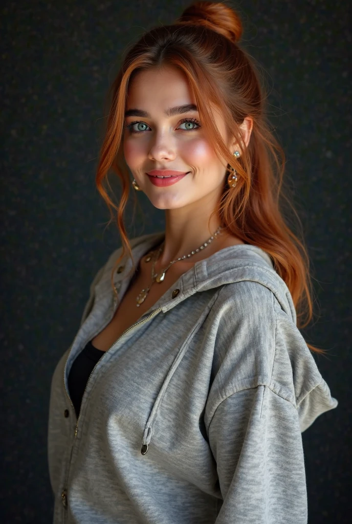 hyperrealistic beautiful busty 20-year-old woman with long legs wearing casual clothes longsleeve shirt with black skinny pants and sneakers, model shooting full body photography, natural redhead long straight hair, freckles, soaky wet skin, dark eye makeup with eyeliner, seductive smile, small necklace, 8K, Best quality, Meisterwerk, ultra high resolution, (Realismus: 1.4), Originalfoto, (realistische Hautstruktur: 1.3), (Filmkorn: 1.3), (Selfie-Winkel), 1 girl, Beautiful round hazel eyes and facial details, Meisterwerk, Best quality, indoor photography in a puffer jacket store

