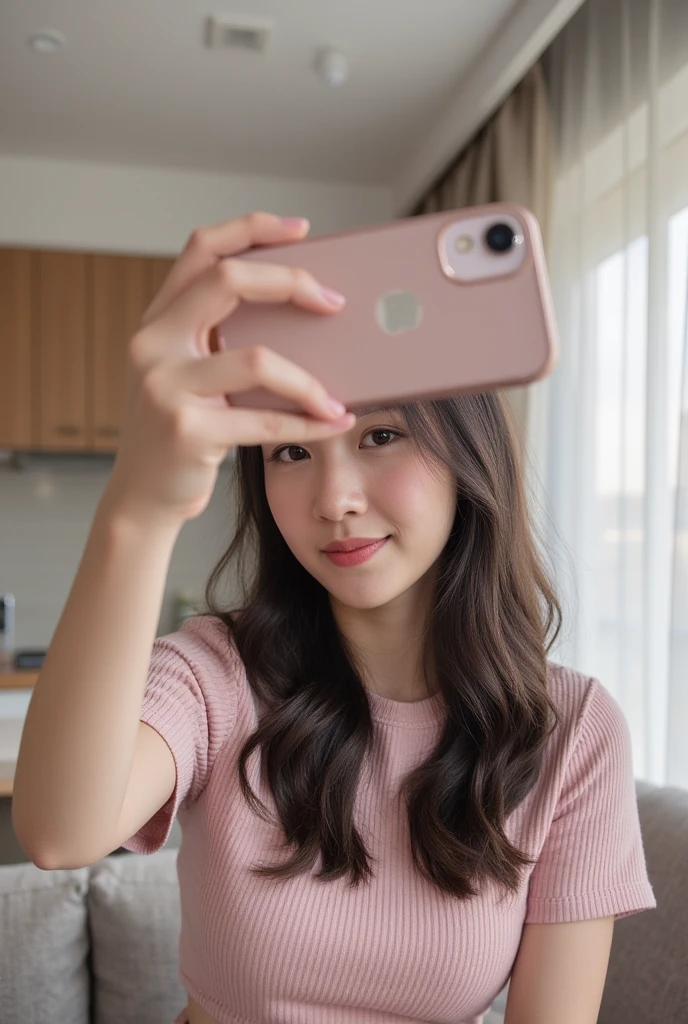 Japanese women、bedroom、Selfie in mirror、fair skin、Big Breasts、single eyelid、Year: 35、Moderate、T-shirt、wedding ring