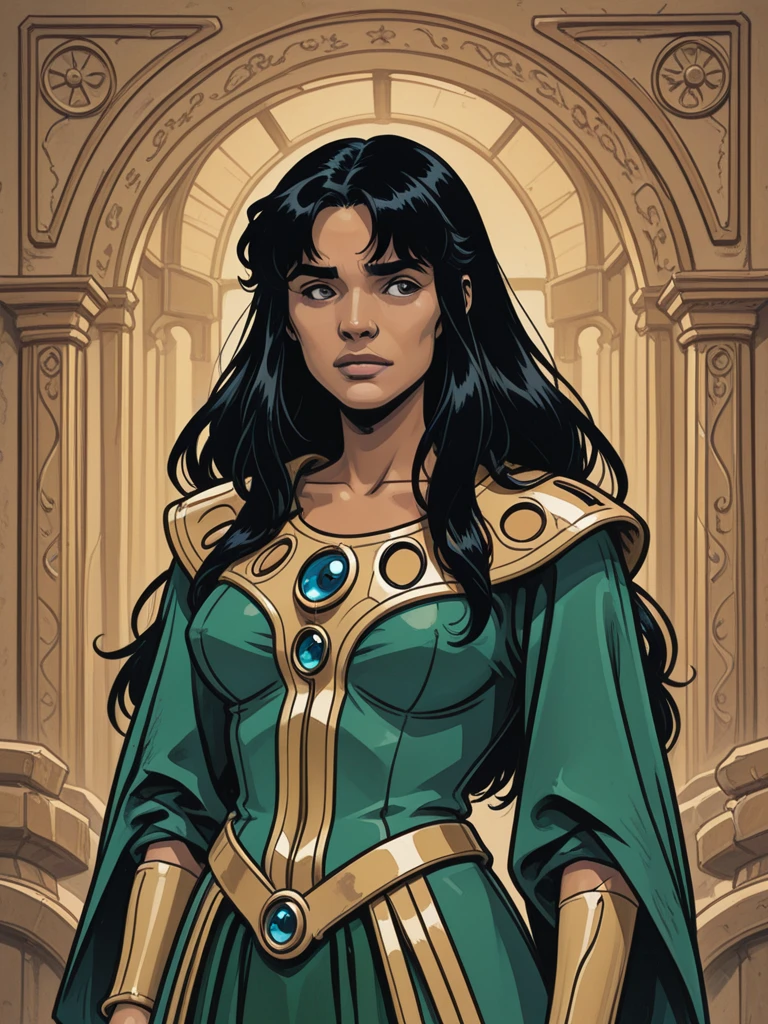 Mejor calidad, Hi-Def, chica con el pelo negro rizado con flequillo, ojos verdes, vestido de princesa, delgada