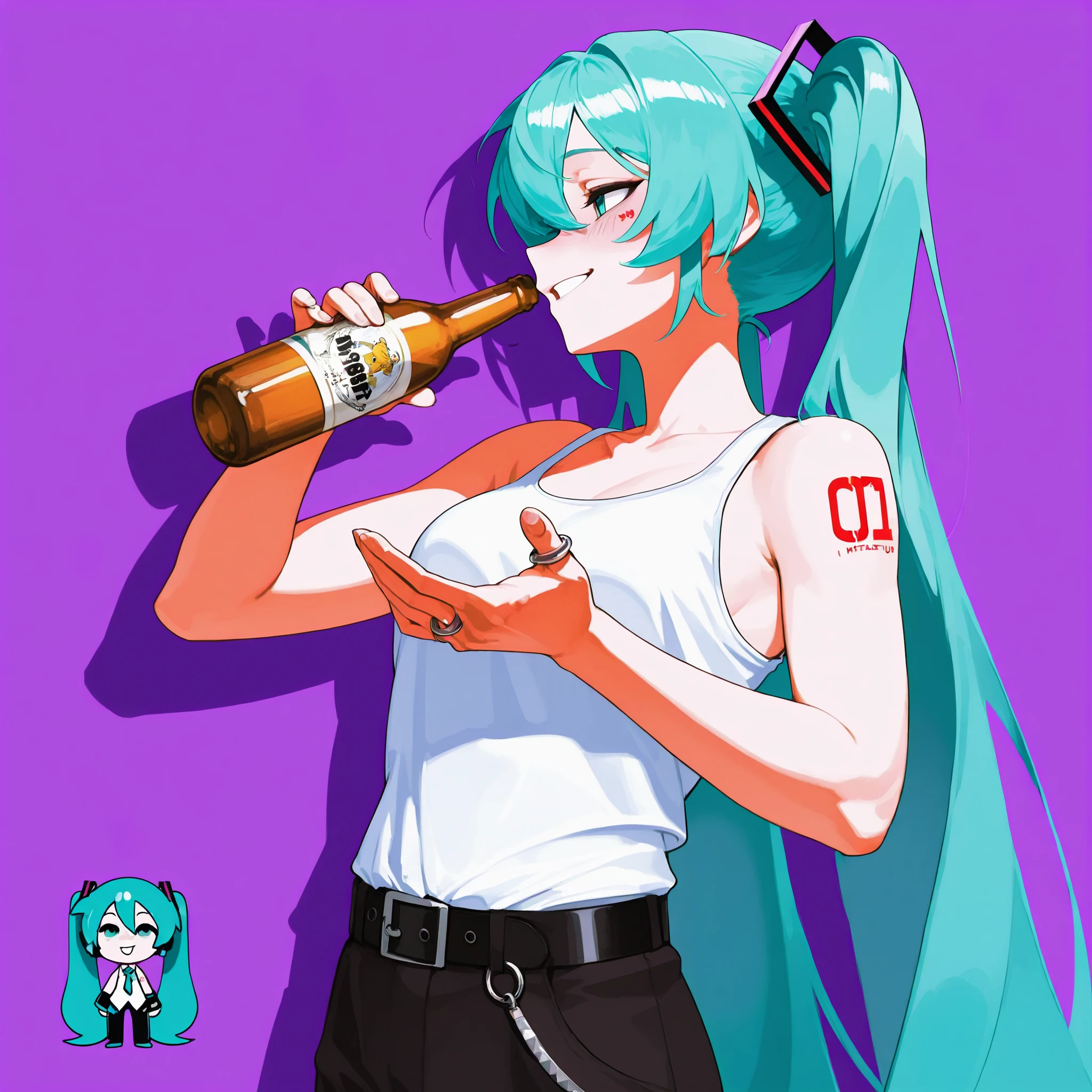 Hatsune Miku musical album logo with white tank top, black pants, with metal rings on both hands, black belt, with tattoos on the hand, Holding a beer bottle, with Silly Smile, different profile perspective and posing in an exaggerated way, Purple background