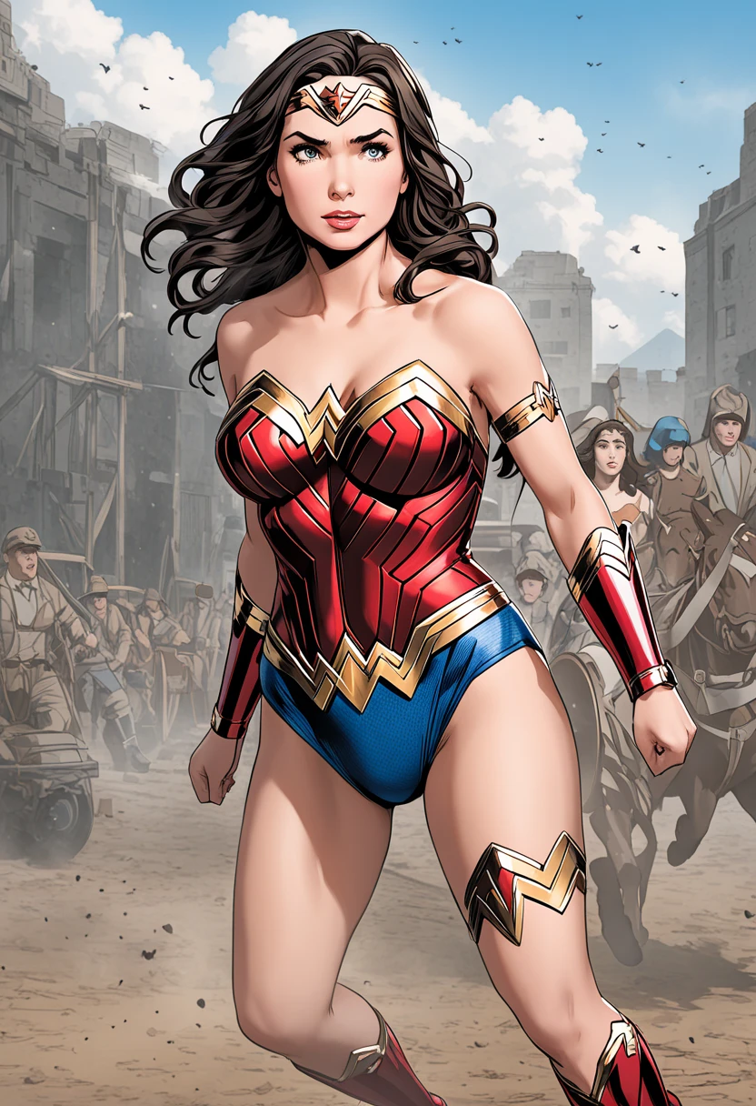 ((s whole body, Standing):1.5), {(1woman)}, Only she {((Wonder Woman in a tiara, red and gold bustier, blue leotard with white stars, silver bracelets, (Red knee high boots:1.2), golden belt, (Wonder Woman clothing:1.0))), She has ((Big breasts)), Only she has it ((Sexy, elastic muscles, (Muscular: 1.2), ((strong and healthy body)), ((((the more) Muscular))), Long leg, curved, (Big breasts: 1.3), cleavage, Blue Eyes, long black wavy hair, (light tan skin: 1.4))), ((Strike an erotic pose)), She is looking at the audience with a smile, ((At the airport, Passenger Arrival Area, Several people with different suitcases in the arrivals area, chairs, Sedentary people))},16 k, Best Quality, Best resolution, Highest clarity,