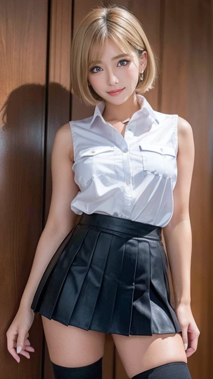 best quality, 8k, very delicate and beautiful, highly detailed face and skin texture, shiny skin, high resolution, beautiful blond short hair tanned skin japanese girl in white shirt and short plaid skirt walking on street in city, full body, sharp focus
