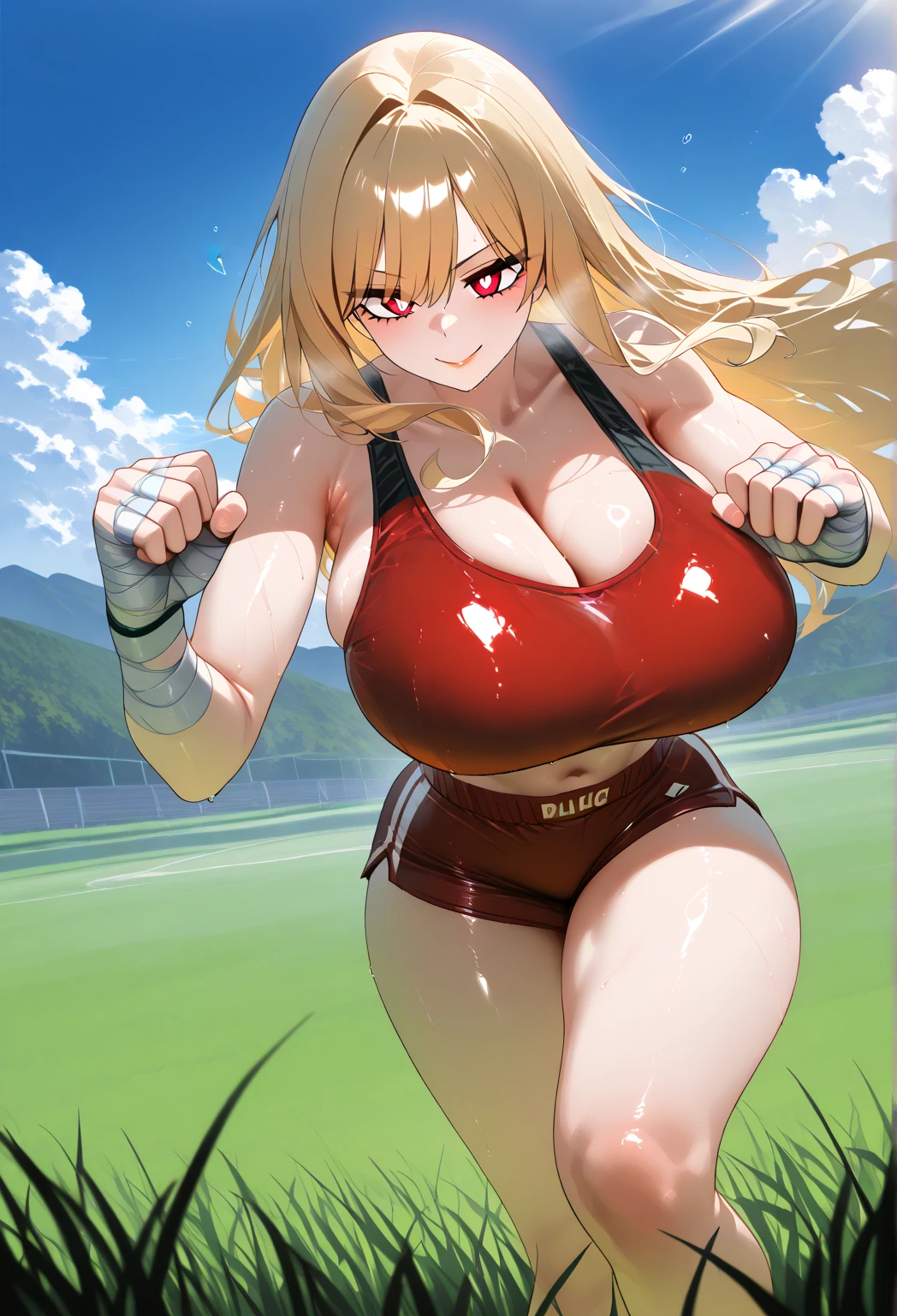<lora:ChestnutThoroughbredKemonofriends_Thoroughbredsurige:0.7>,KURIGE,
1girl,solo,masterpiece, best quality, high quality,delicate facial features,mishoujo,hyper_detail,game cg, finely detailed beautiful eyes and detailed face,lustrous skin,colorful
chestnut_thoroughbred_(kemono_friends), horse ears,horse tail, horse girl, brown hair, navel, multicolored hair, white hair, brown eyes, ponytail, long hair, (huge breasts:1.2)
brown_buruma,brown sports bra,sportswear, brown socks, elbow gloves, bare shoulders, fingerless gloves, midriff, kneehighs, shoes, track uniform, japari symbol, track uniform,
(looking at viewer:1.2), (kneeling:1.2), (cowboy_shot:1.3),blush,smile,open mouth, embarrassed,sweat,wet_clothes,
(field:1.3), sunlight, blue sky,cloud, tree, mountain