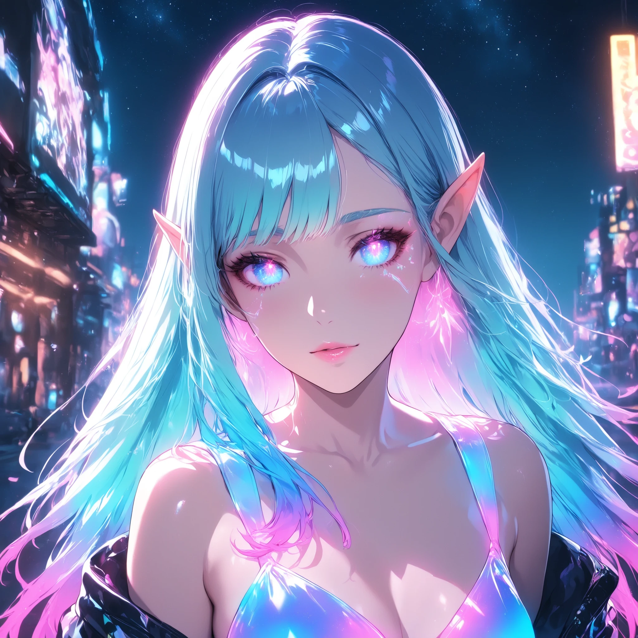 cyberpunk, elf, woman , outside, nighttime, starry night , cinematic lighting (holographic), extremely detailed, smooth skin, blue gradient hair, pink glowing eyes, vinyl clothes , digital drawing, beautiful, fast, hunting with a bow