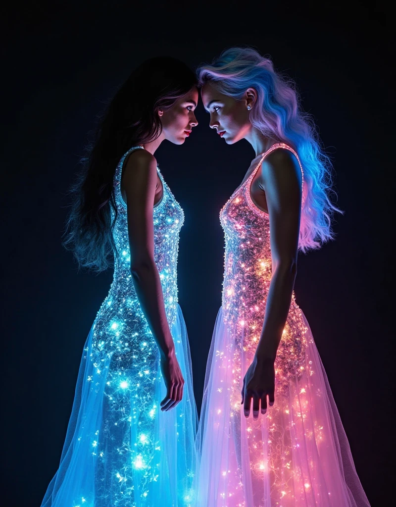 (work of art, best qualityer), 8k,(((very detailled))), racing:1.8,Bottom-up view, Super intricate racing pattern,colorful racing pattern, transparent glass clothes with colored LEDs, with colored glass bottom, transparent glass clothing with colored LEDs illuminating the skin, illuminate,chilly, couple back to back, 1 man holding hands with 1 woman, standing together, Open back, (Straight long hair,brown),