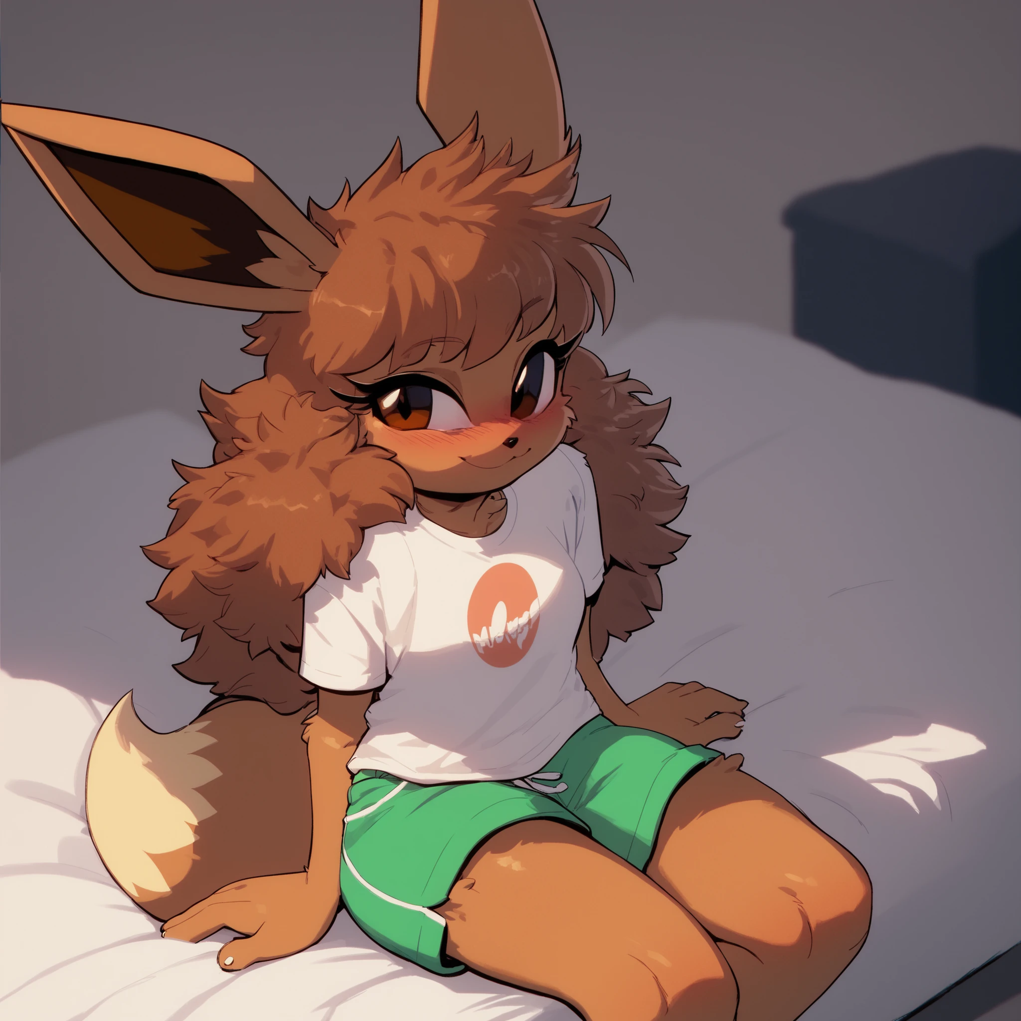 Eevee, (Mobian), fluffy brown fur, brown eyes, female, black and white T-shirt, dark bluish green shorts, fuzzy brown muzzle, sitting, (long hair), hair bangs, fox/Eevee tail, innocent smile, solo, sitting, inside, on the bed, fuzzy fur, oc