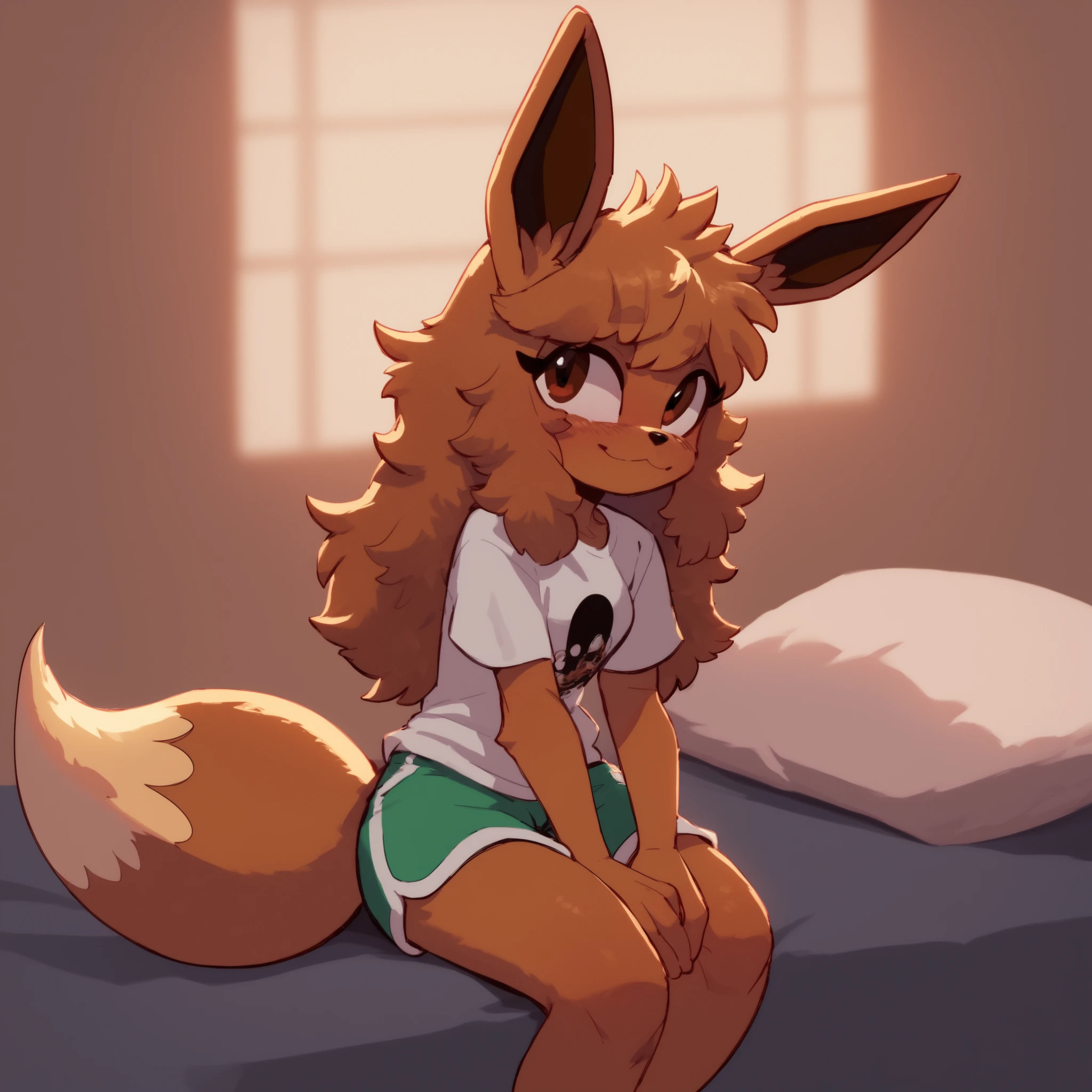 Eevee, (Mobian), fluffy brown fur, brown eyes, female, black and white T-shirt, dark bluish green shorts, fuzzy brown muzzle, sitting, (long hair), hair bangs, fox/Eevee tail, innocent smile, solo, sitting, inside, on the bed, fuzzy fur, oc
