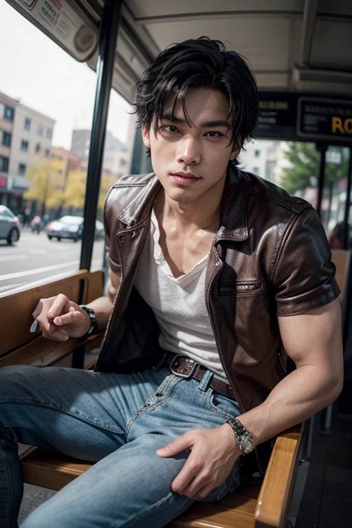 Asian men in their 20s sitting at a bus stop wearing black leather pants Not wearing a shirt top looking at me