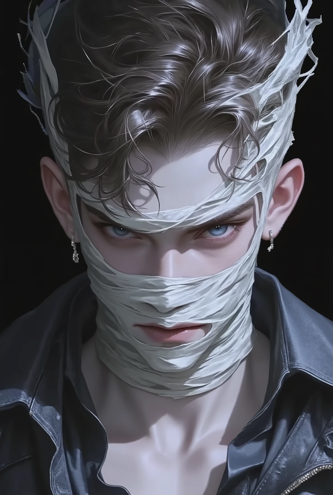 Photorealistic, ((best quality)), ((masterpiece)), (detailed), horror masculine portrait of young model dressed up as a mummy, 18-year-old male model, handsome, tall, cute looking, evil look, dark look, powerful, young male, handsome model, clean shave, blue eyes. short curly messy brown hair, messy curly hair, pale skin, white pale skin, super strong, muscular, fit, massive muscles, six pack, hairless chest, shirtless, pantless, shirtless, barechested, chest exposed, upper-body exposed, muscle, ripped, strong body, fit body, barelegged, barefoot, antique mummy bandages, mummy costume, egyptian ruins, (Sarcophagus:1.4), 8k, high detailed, ultra-detailed, Stylish Pose, real skin texture, dark cinematic lighting, night, dark night,