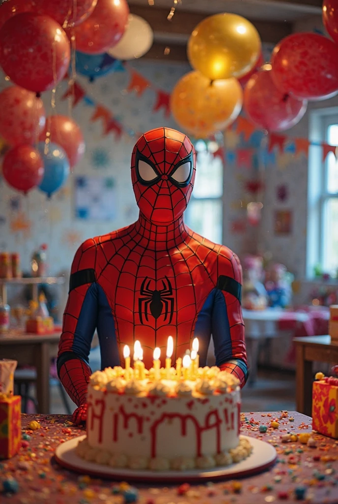 Spiderman sit next toa girl. Spiderman celebrate 's birthday with her mom on the table, realistic, photorealistic
