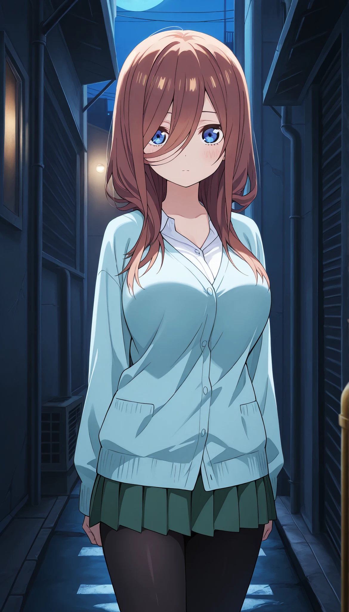 nsfw,1girl,score_9, score_8_up, score_7_up,1girl,hazel brown hair,middle hair,straight hair,light blue eyes,large breasts,white blouse,light blue cardigan,green miniskirt,pleated skirt,black pantyhose,cowboy shot,night,alley,looking at viewer,standing,from flont,