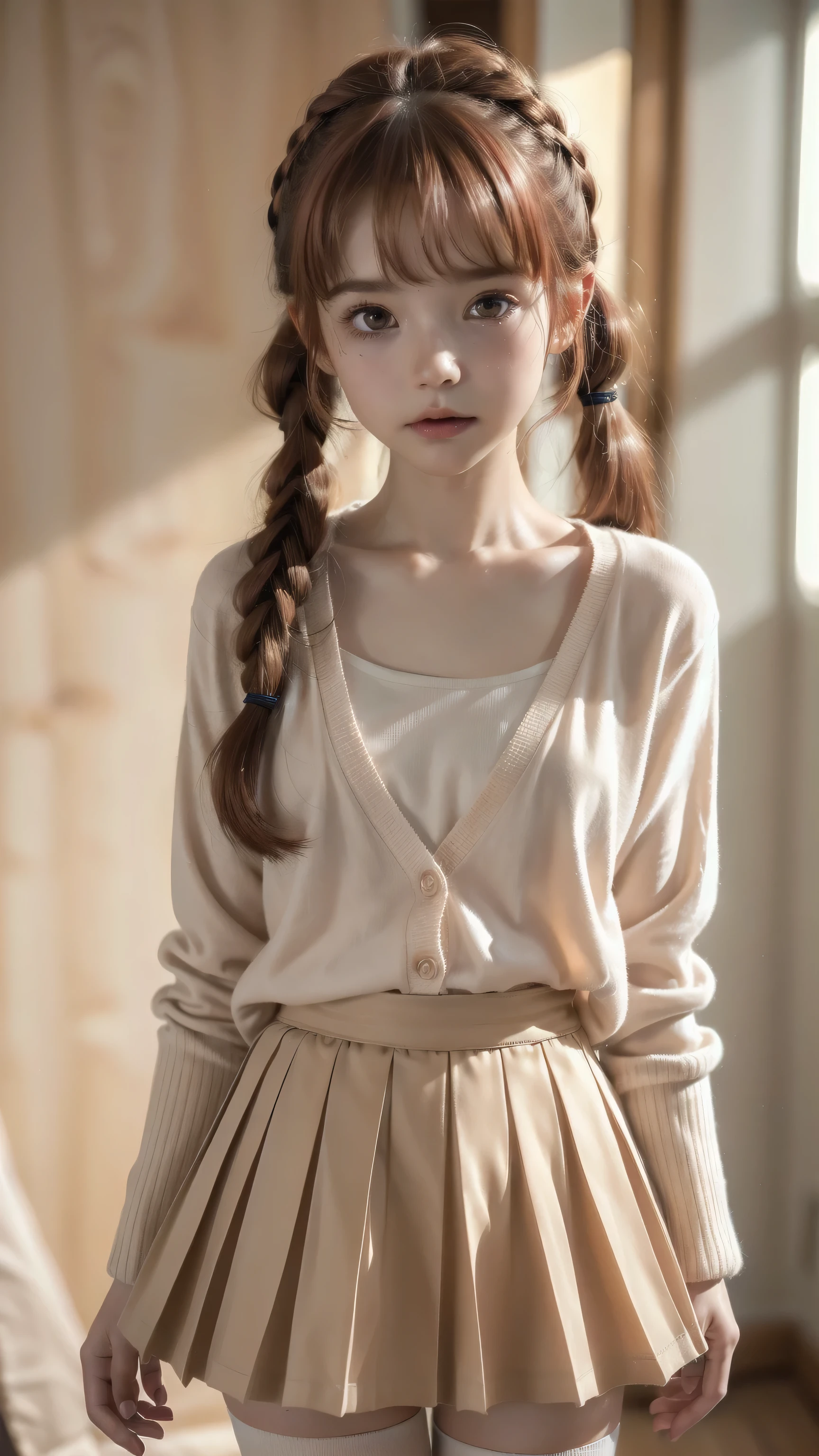 (upper body) , masterpiece , top quality , very detailed , 1 person, (contrasting eyes) , standing , blouse, skirt , bangs , room , indoor