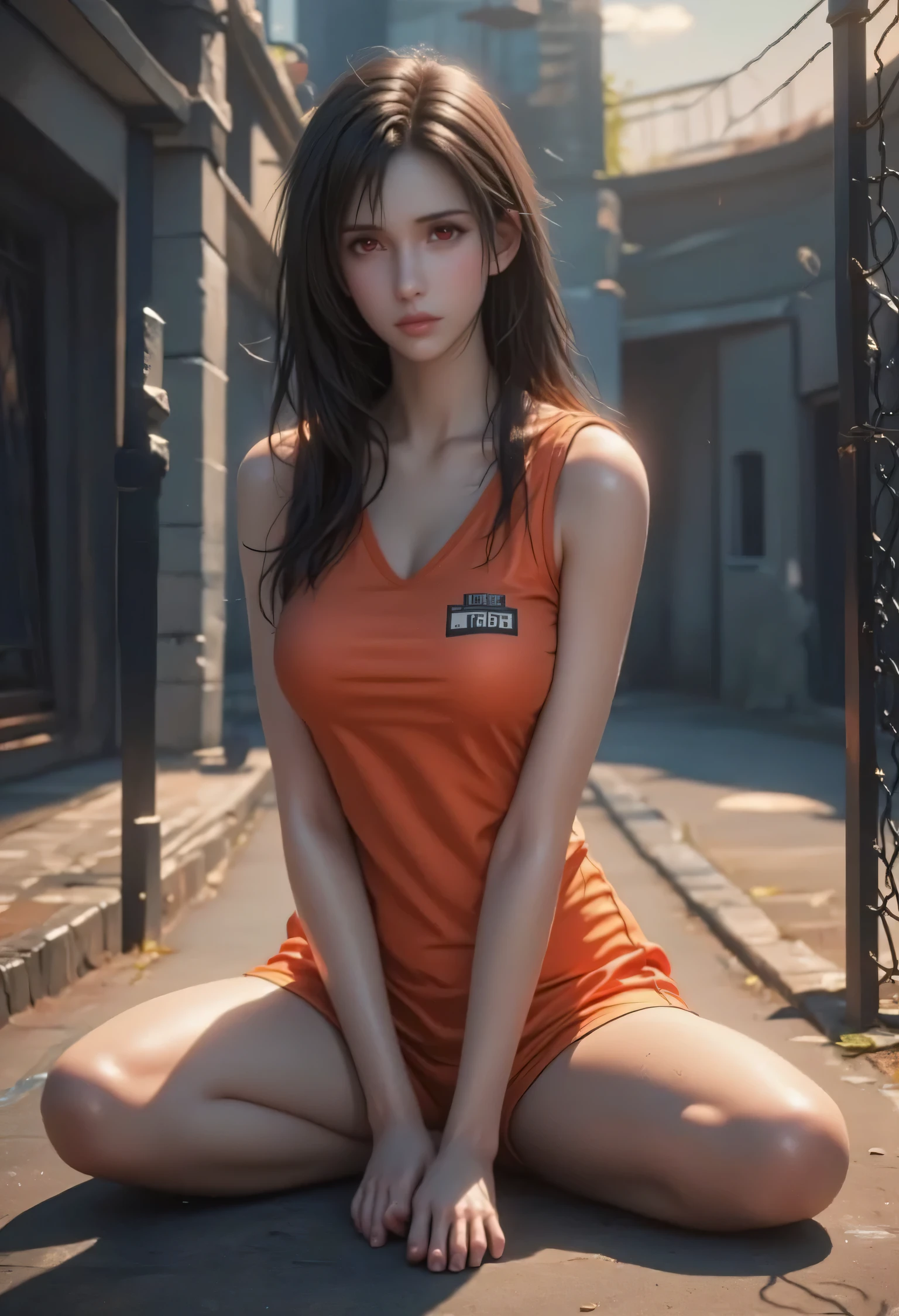 tifa lockhart, a girl, white skin, black hair, (long, loose, and messy hair), red eyes, large breasts, beautiful body, (((wearing a short, sleeveless orange maximum security prison inmate uniform with an inscription on the chest that mentions: inmate L7066))), (((female prison of the maximum security prison for dangerous and violent inmates))), ((recreation yard of the maximum security prison fenced with large walls with metal barbed wire and with watchtowers in a dirty condition and with han unpaved floor)), (((sitting on the floor facing forward with her legs stretched forward, raised and separated focusing on her feet and the soles and toes))), (full body), ((barefoot)), (worried mood), (((dirty))), day, sunny, hot, (sweating), (place gloomy and depressing)