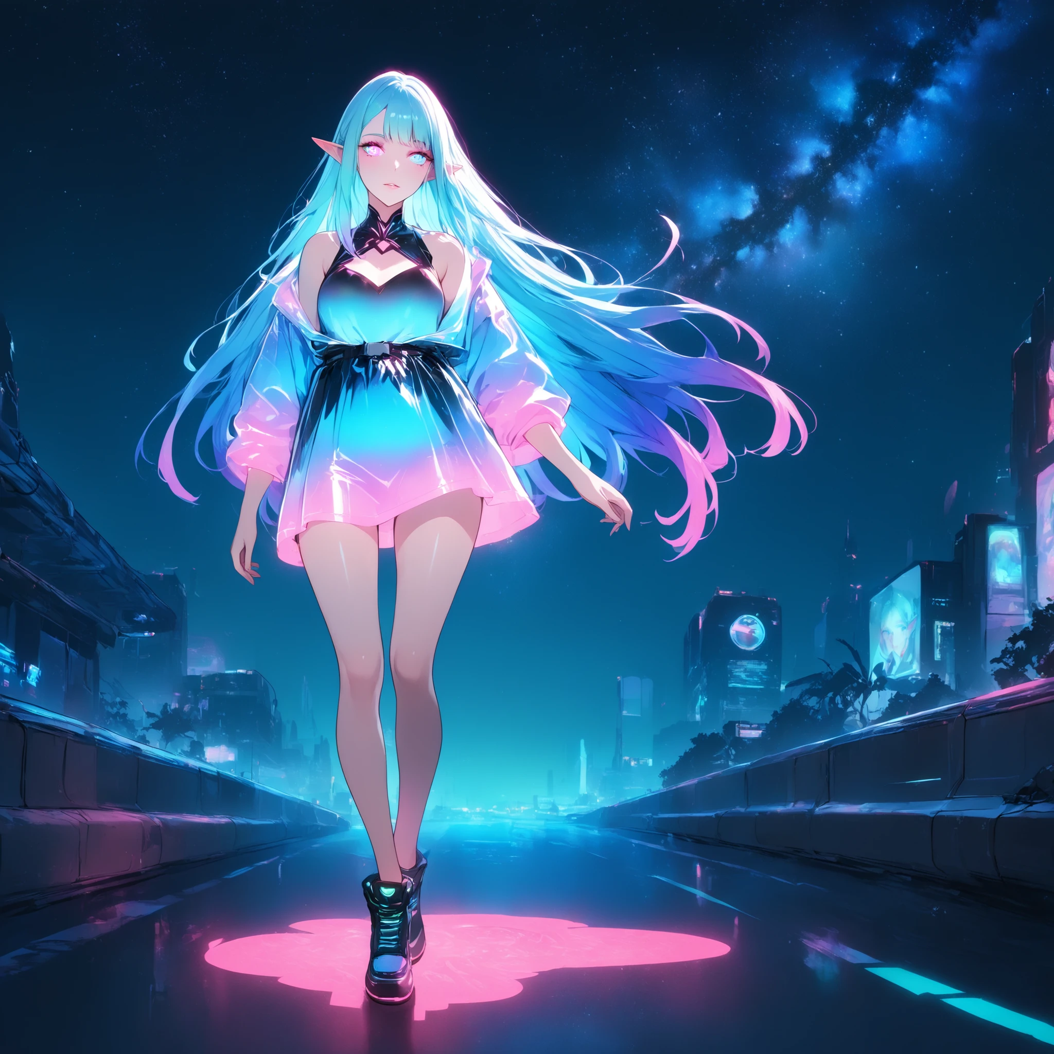 cyberpunk, elf, woman , full body image, nighttime, starry night , cinematic lighting (holographic), extremely detailed, detailed eyes, smooth skin, blue gradient hair, pink glowing eyes, vinyl clothes , digital drawing, beautiful, fast, hunting with a bow