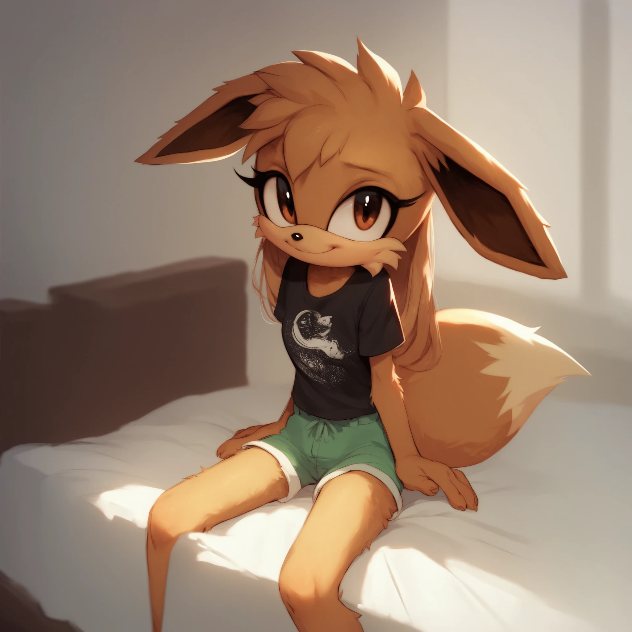 Eevee, (Mobian), fox, fluffy brown fur, brown eyes, female, black and white T-shirt, dark bluish green shorts, fuzzy brown muzzle, sitting, (long hair), hair bangs, fox/Eevee tail, innocent smile, slim, young , solo, sitting, inside, on the bed, fuzzy fur, Sonic OC