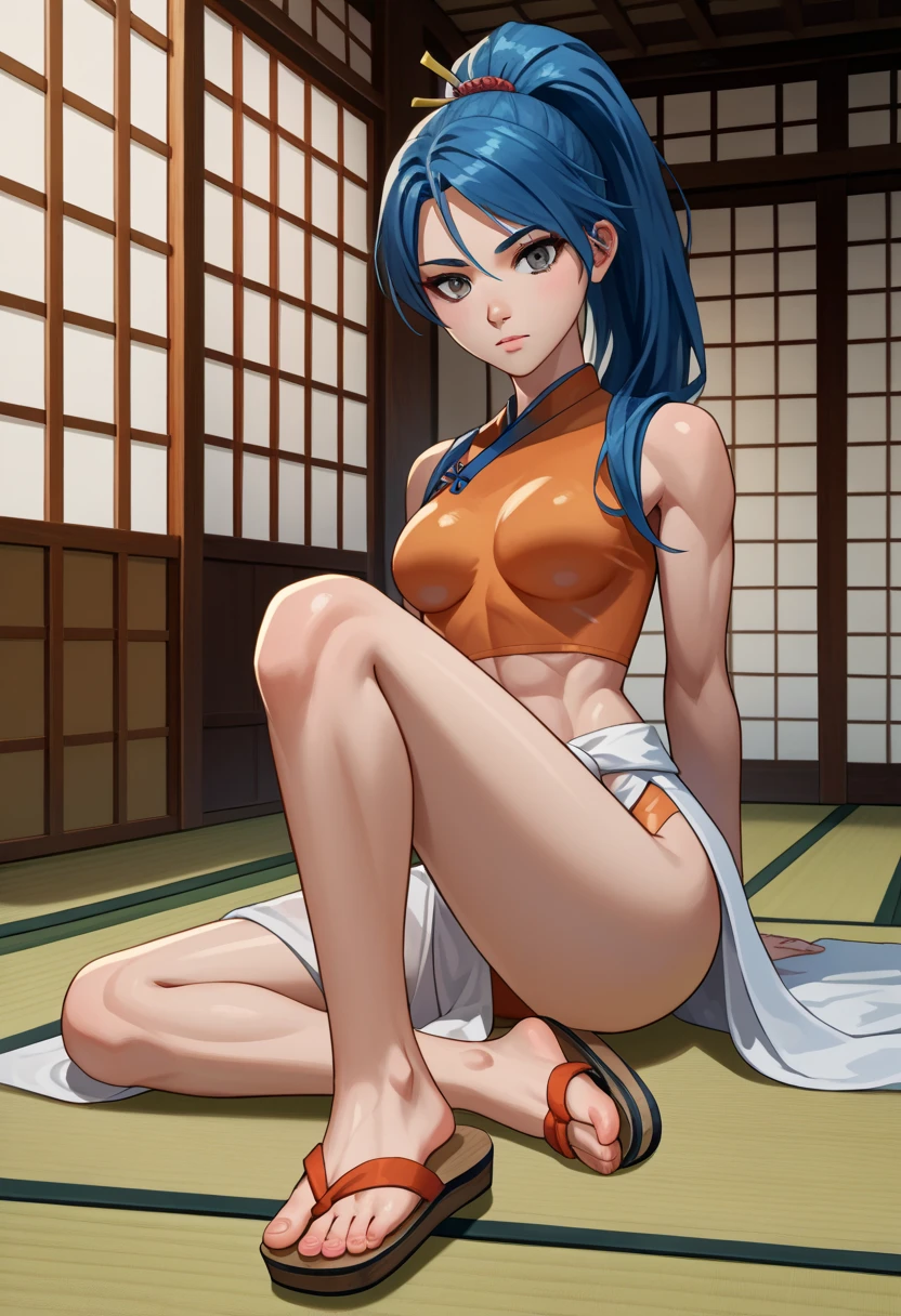 lum, solo, retro artstyle, 1980s style, breasts, blue eyes, eyeshadow, green hair, bangs, aqua hair, tsundere, score_9, score_8_up, score_7_up, score_6_up, flat colors, dynamic angle, prawning on floor, large breasts, large ass, underboob, (cameltoe:0.7), skinny, loose cropped sweatshirt, thong, flashy clothing colors, textured clothing, large sparse japanese room, large shooji showing japanese garden, bright sunny background, ExpressiveH