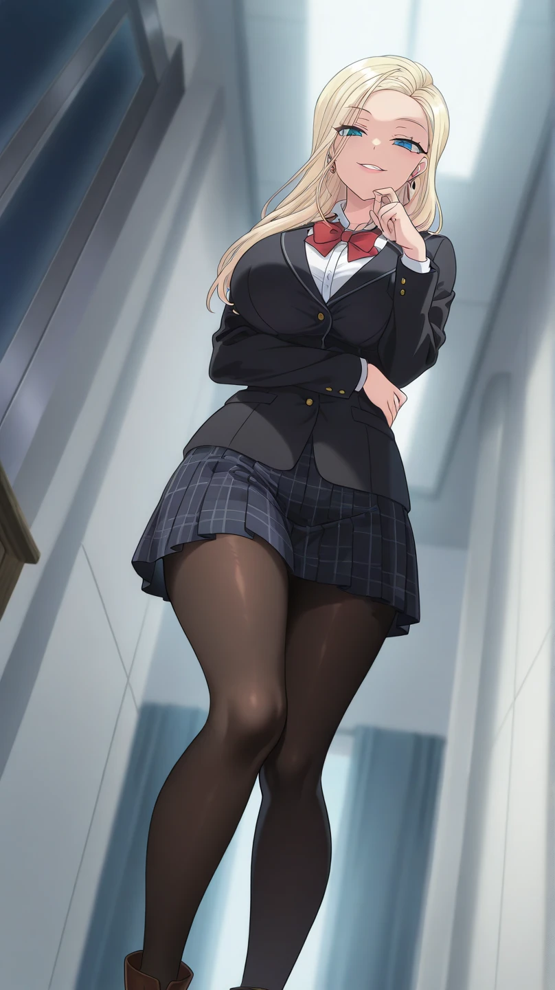 1girl, masterpiece, anime, integra hellsing, flat chest, looking at viewer, town, outdoors, arms behind back, thighs, wearing tuxedo suit, cutot clothes, boob window, breast window, integra