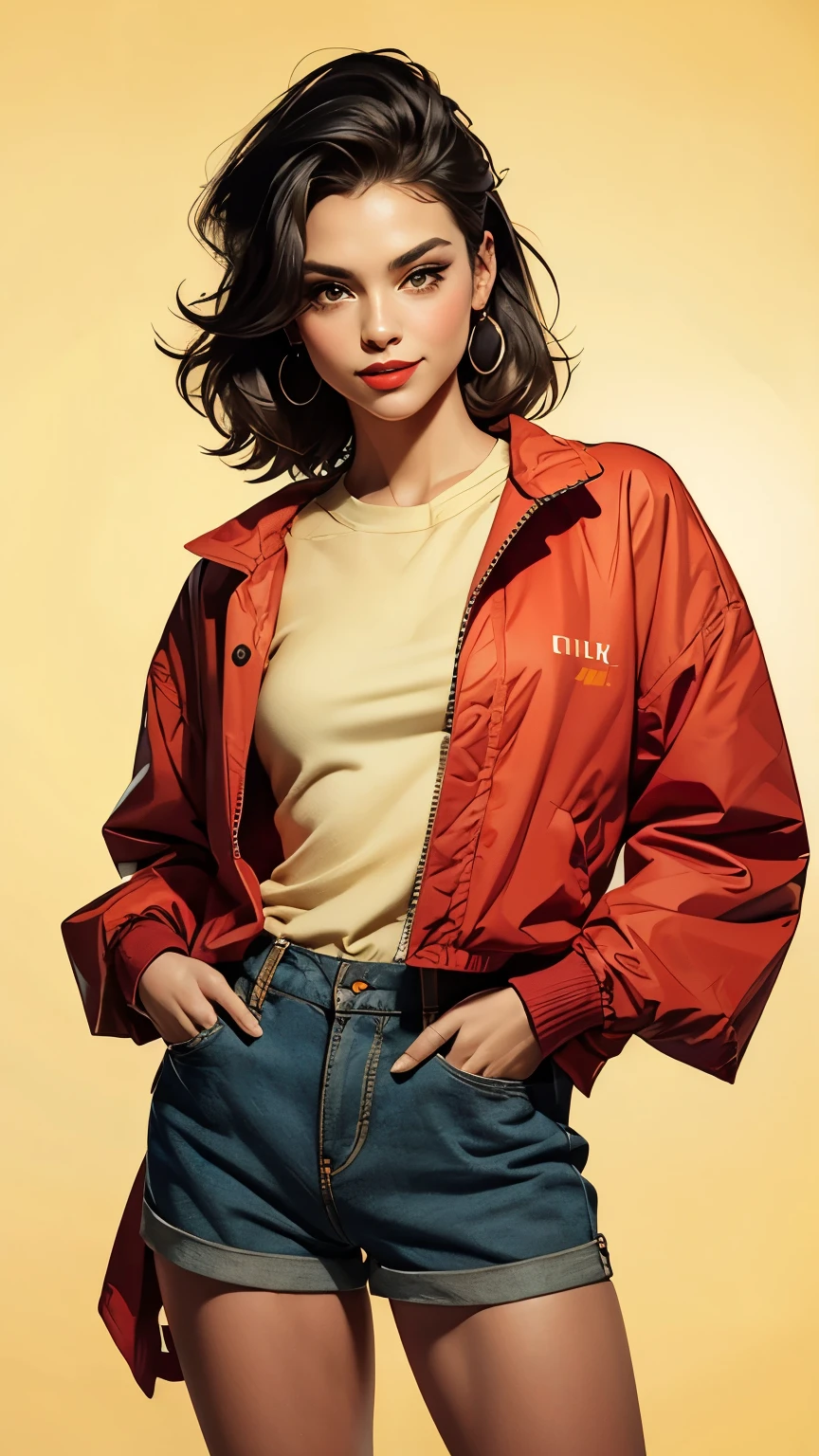 woman, 1980’s art design, retro, oversized jacket, open front, shorts, background (flat colors, flat texture, lineart:1.2), graphical design, head turned looking at camera, red smiling lips, view from above, style by smeglejj