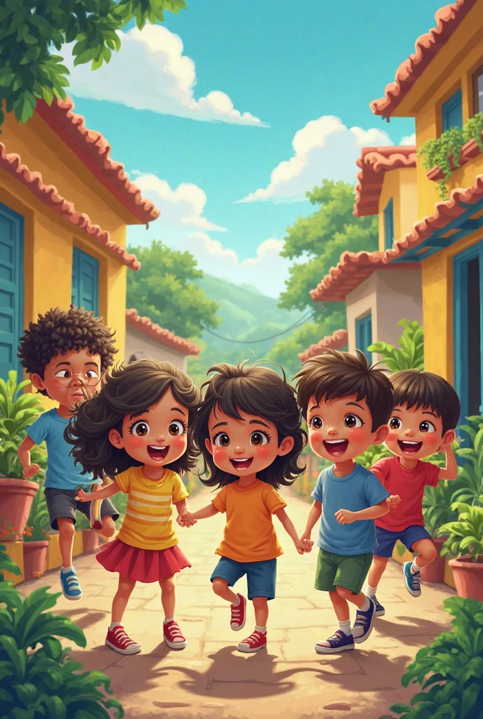 Raising 5 children, 4 boys and one . All with Brazilian aspects, happy playing in the backyard of a farm 