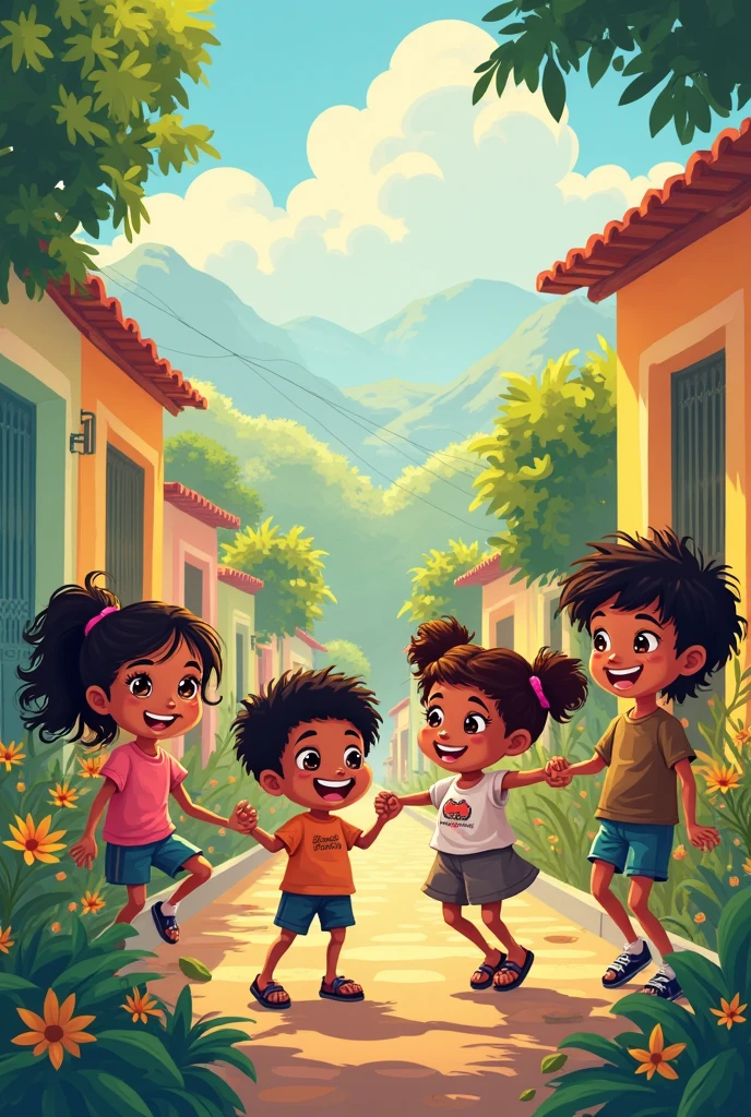CREATE A PROFESSIONAL IMAGE COMMANDING A HUMBLE STREET WITH CHILDREN OF DIFFERENT RACES, black, indigenous, WHITE GIRL PLAYING WITH A KITE, Street soccer, FLAG CATCH, PULA CORDA