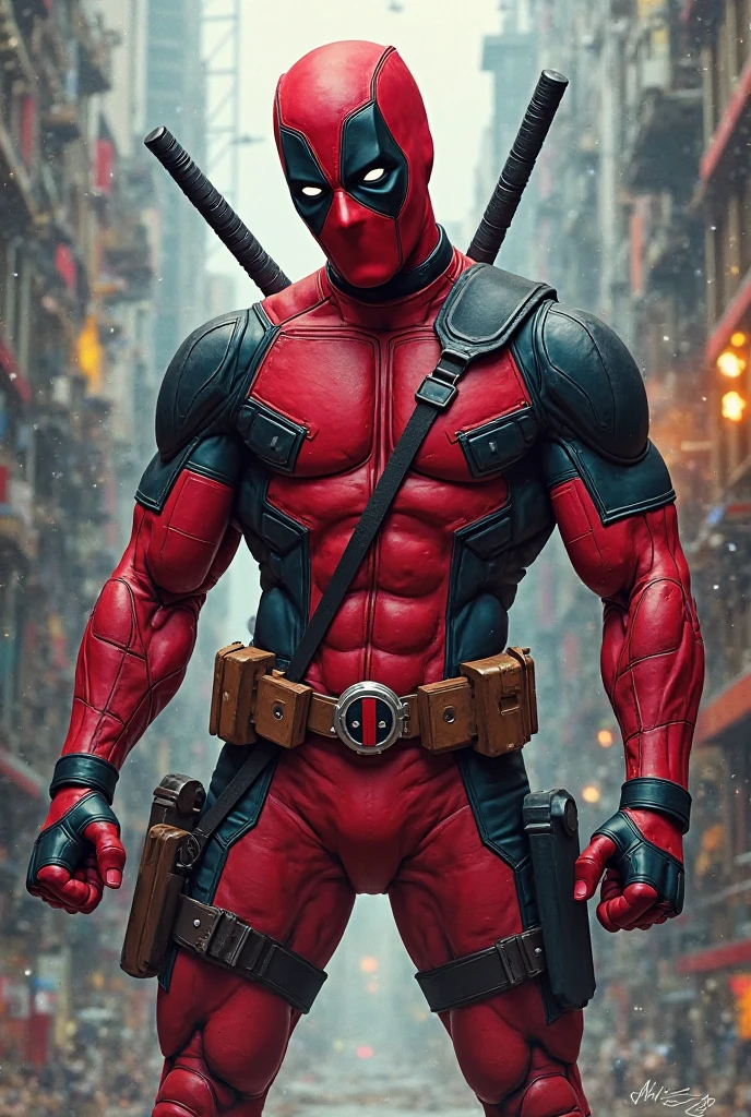 Deadpool, muscular, lean physique, black and red, tight spandex suit, spandex black and red mask, no ears, 2 black handle katanas hanging behind of the back (forming an X), straps on his chest, pistols on the waist, high resolution, ultra detailed, night, rain, 8k