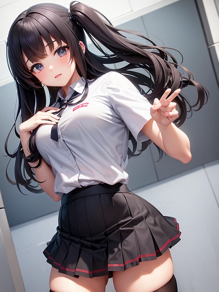 ((Highest quality, 8K, masterpiece:1.3, Realistic:1.3)), {{Sitting on the bed}}, ((Looking down from above)),Balanced style、(((Remove the top half of your blouse、Wearing a tank top)))、(((Very good))、(A detailed depiction of her pointed nipples peeking through her blouse)、Very stylish Japanese school girl, Single women, very light brown hair, With bangs, (Japanese Uniform, White socks, Thick thighs,Cotton side string thong), Highly detailed face and skin texture, Beautiful Eyes, Lip details, Rocket Big Boobs、The hair is very well drawn, (((Sweating in the summer heat))), abhor々Staring into the camera, Natural Makeup:1.0,Skirt Lift,High leg panties,EVA Uniform, One girl, alone, Tokyo 3 Middle ,
shirt, Short sleeve, Suspender skirt, Neck ribbon,