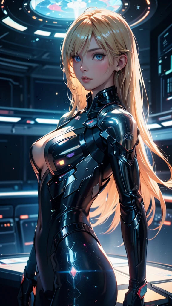 Realistic 8k.Picture only of the upper part,high resolution, Bright glare,1 woman, alone, hips up, half body,(detailed face), blonde hair long hair, Mecha Musume, mechanical parts, robot joint, single mechanical arm, Mechanical radius, Bikini body suit with many neon lights,A white bodysuit has several neon bulbs.,Body armor chest set with 4 large electric bulbs.,With colorful lights There was a bright purple light.(Very bright)Colorful beams of light shoot from the armor.,Light radiated from the armor.,,  city at night