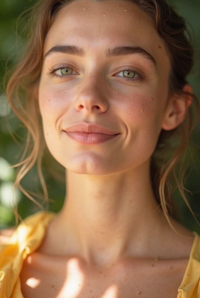 ((A mesmerizing girl in an orange crop top)) with golden, crystal-like eyes, rendered in fine details. Breathtaking artwork in a painterly art style, exhibiting high quality and 8k resolution. The piece boasts exquisite composition and lighting, achieving masterpiece status. Captured during the golden hour, the soft focus highlights an epic fantasy atmosphere with vibrant color grading. Shot from a high-angle and dramatic extreme angles, the image features bright color grading, close-up portraiture, sun flares, and long exposure. Soft focus and depth of field are meticulously maintained in this 8k photo, enhanced with HDR and professional lighting. Taken with a Canon EOS R5 and a 75mm lens, the artwork includes low-angle shots and extreme close-ups to intensify its allure.