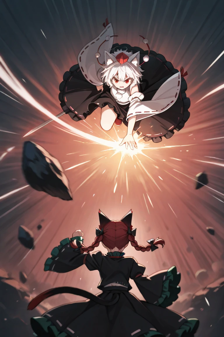 ((Nyaruko-san)), ((nyarlathotep)), haiyore! Nyaruko-san, silver hair, green eyes, dynamic, expressive pose, masterpiece, rinotuna style
