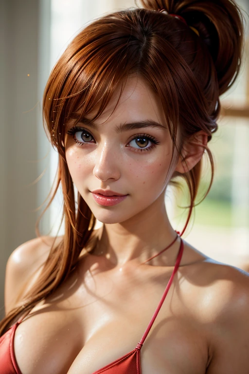 Kasumi, brown eyes, (best quality, ultra detail), (realistic:1.37), beautiful and detailed face, ultra-realistic texture, Delicate face, delicate body, red lipstick, bright colors. high definition, 8K.