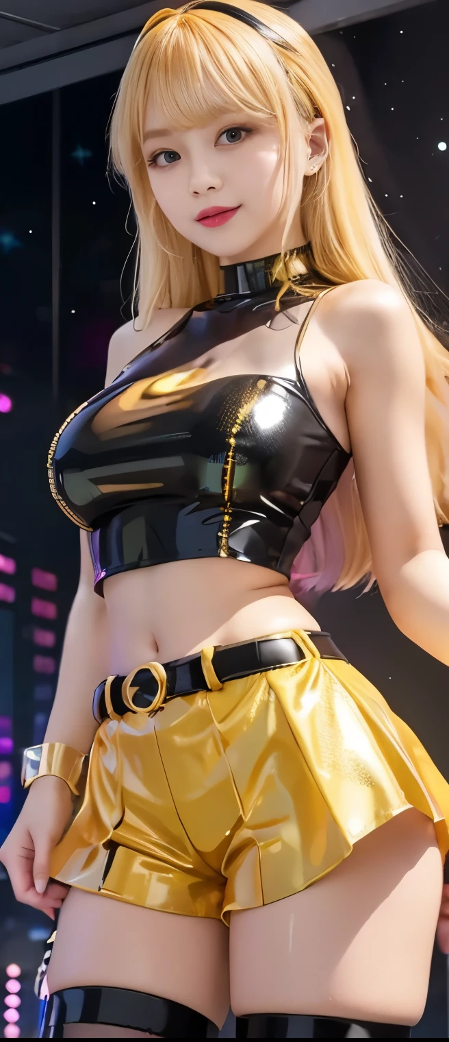 pure cyber formal idol girl（colorful blonde hair）、A pure girl's face、 hypo、、Yellow Checkered Sequin Latex Tight Shorts、、sparkle belt、Glowing Starlight Night、