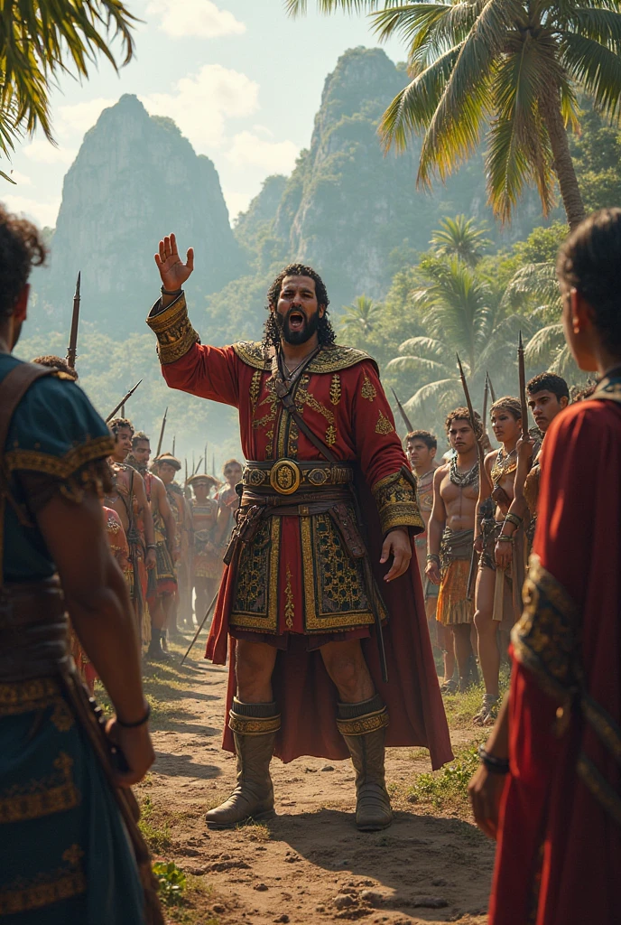 Spanish man in the time of colonization in an indigenous natural setting,  who together with his men kill indigenous people 