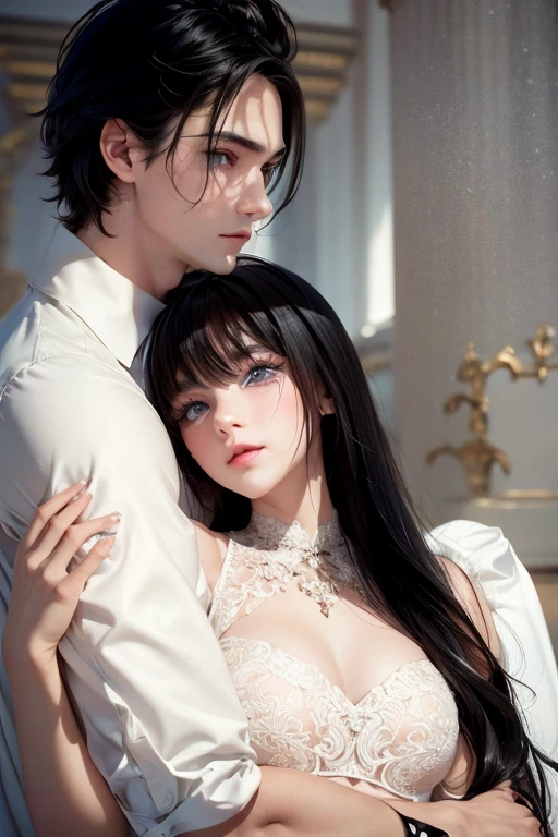 (((masterpiece))), best quality, ultra detailed, 8k, spectacular lighting, most beautiful girl, babydoll, lingerie, closed eyes of pleasure, ultra detailed white skin, dynamic pose, black hair:1.1+dark brown:1.2, ((sitting on a man's lap:1.3)), sitting on a man's skirts,dark indoor environment, warm atmosphere, golden light touches. --auto --s2