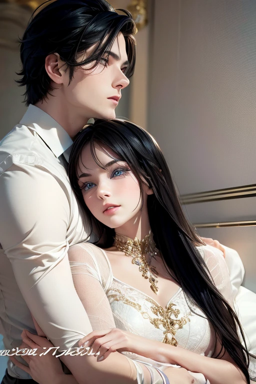 Sexy couple Sit on a sofa, the man wearing a black suit. his gaze is cold, very handsome with blue eyes. The woman beside him was very beautiful, wearing a black sexy dress, her hair was brown, her eyes were blue. American face.