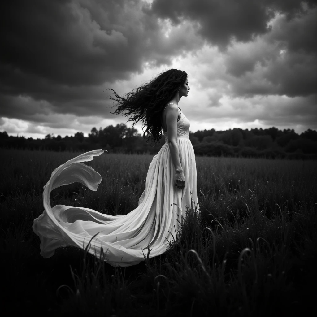 <lora:Photographer Maren Klemp Style:1>Photographer Maren Klemp Style - a woman wearing a flowing white dress standing in a field of tall grass, staring at the horizon