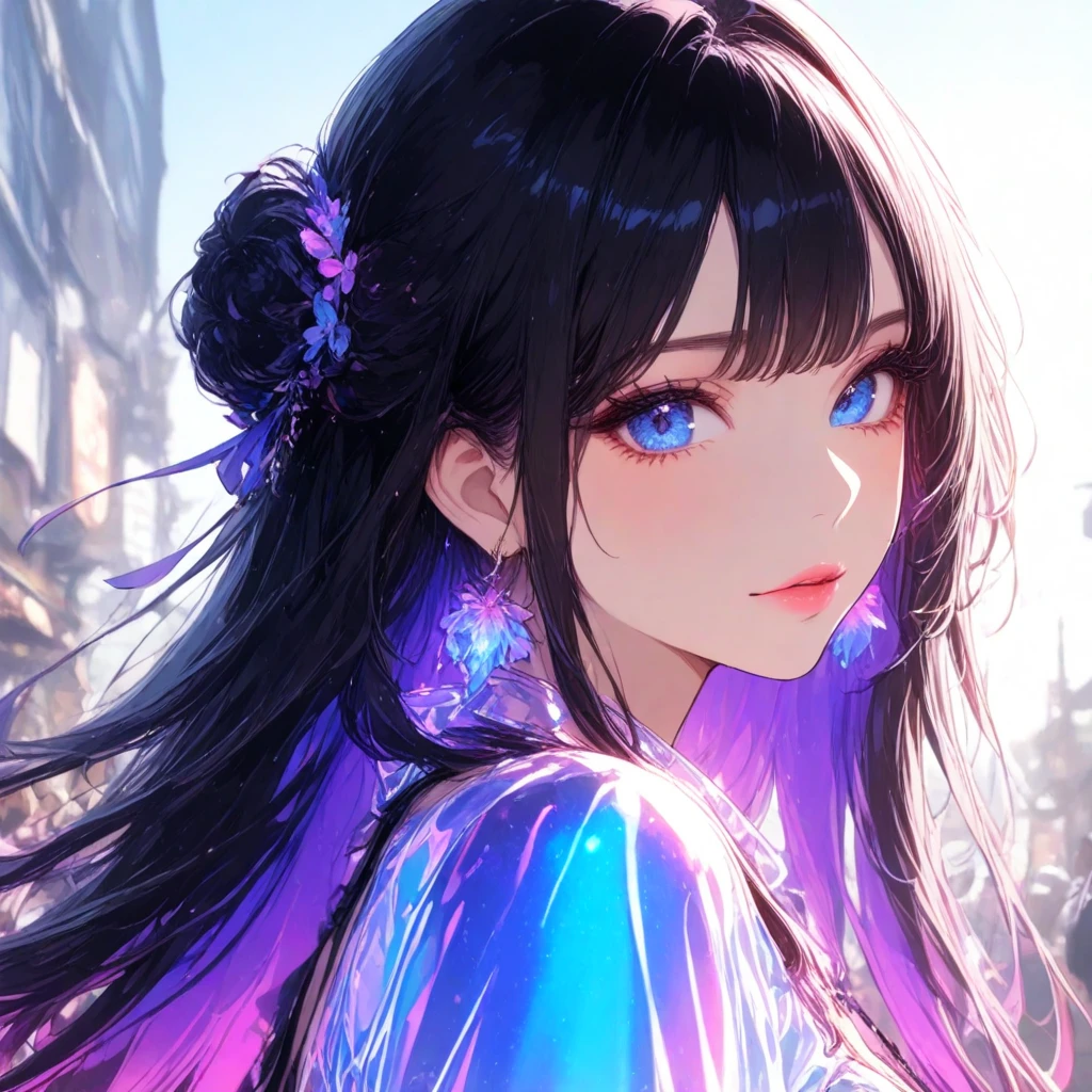 1 girl, chinese_clothes, in white and pink, cyberhanfu, Cheongsam, cyberpunk city, dynamic pose, Headdress, hair ornament, long hair, cyberpunk, a high-tech city, full of machinery and futuristic element, futurism, technology, aqua hair, divine goddess, huge breasts, queen, lace, lace trim, pearl necklace, gold, jewelry, tiara, neon, diamonds, looking at viewer, epic, grand curtains, indoors, standing on stage