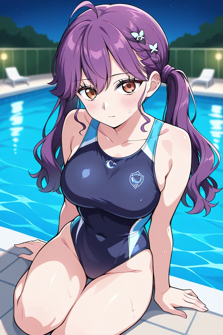Best image quality, 8K image quality, Best image quality, Photographic picture quality, 1 girl, Solo, Unrealistically colossal breasts, smile, embarrassed, blush, slightly slender body, metallic sleeveless navy blue one-piece competition swimsuit, swimsuit is not easy to crack in the shade, wet, squatting on the ground, squatting, opening thighs, legs wide open, hips thrusting forward, Arms raised and hands folded behind the head, armpits flaunting, white thighs, bare legs, pool side, stone corridor, slimy, pin heels, looking at the beholder, turning the body to the beholder, opening the legs to the audience, low angle, red hair, purple eyes,