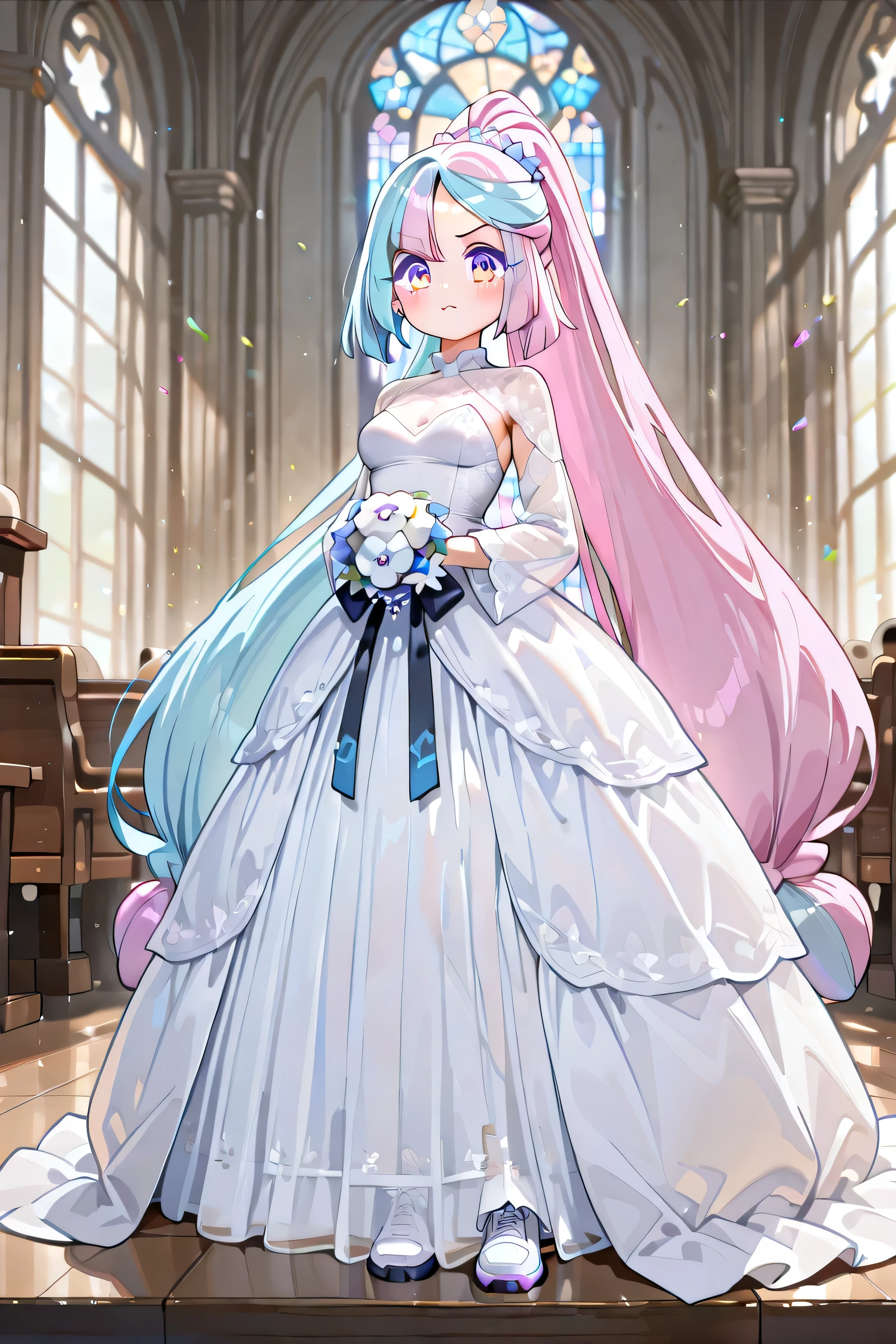 Iono (Pokémon Scarlet and Violet), young girl, ((((Just 1 Iono)))), medium breasts, Very long hair, ponytail,  bicolor hair, light blue and pink hair, two-toned eyes, pink and blue eyes, falls, extremely detailed face, wedding dress, long dress, white dress, visible shoulders , transparent shoulder pads,  very long sleeves ,  white gloves, ( white sneakers ), extremely detailed clothes, inside the church, standing, Facing the viewer, full body, 4K, Best Quality, obra-prima.