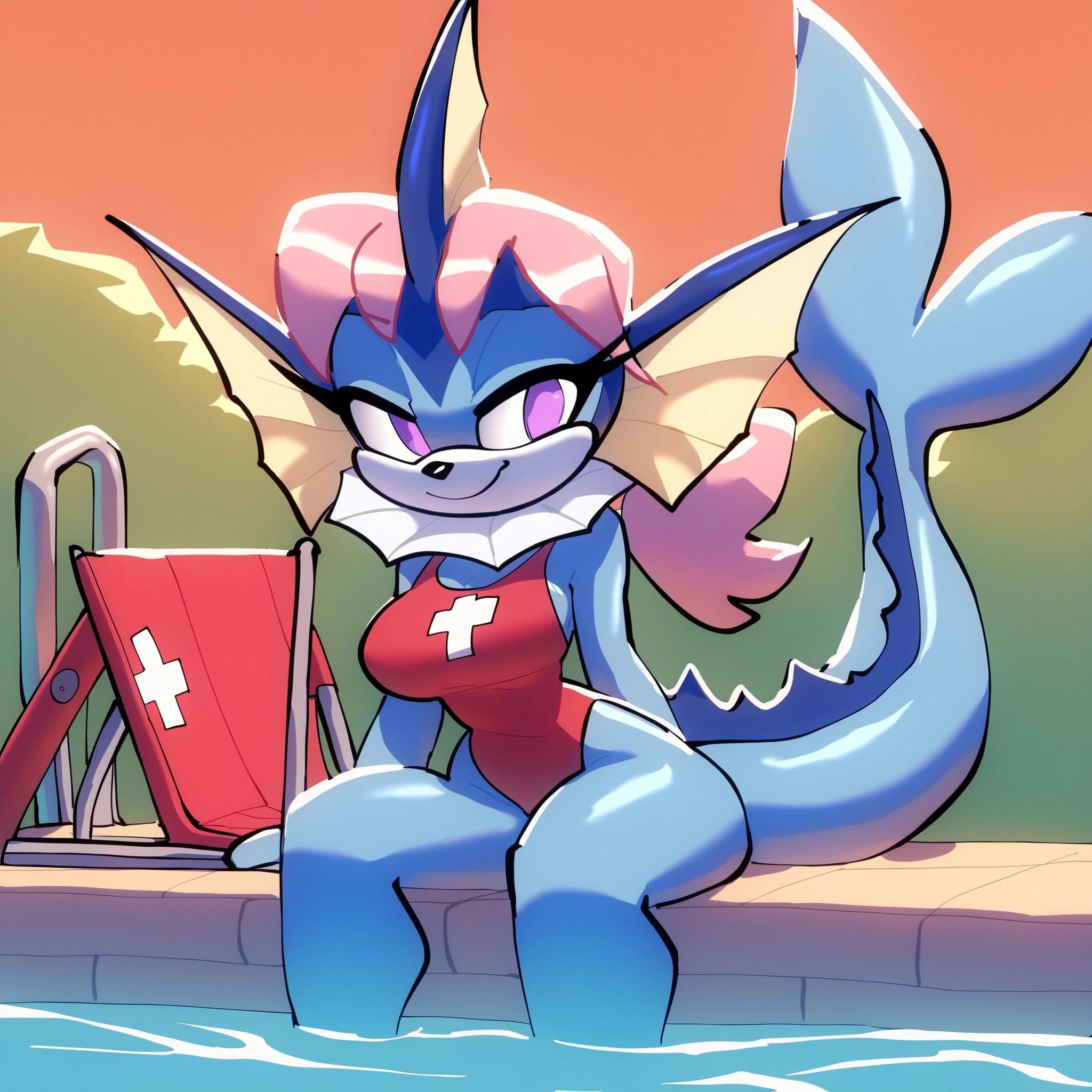 vaporeon, bigdad/character, (Mobian), light blue fur, purple eyes, female, light blue muzzle, fins, ponytail, life guard leotard, (shoulder length hair), hair bangs, fish-like/vaporeon tail, smile, slim, young adult, medium breasts, solo, sitting, outdoors, pool, lifeguard chair, Sonic OC