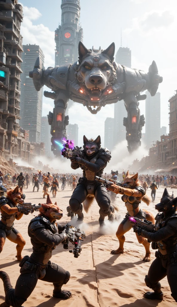 A World at War, human-shaped cats holding weapons and humanoid-shaped dogs getting off spaceships with weapons